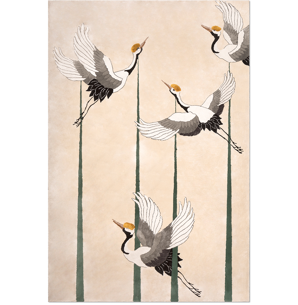 Neutral area rug with bird pattern. modern rugs.