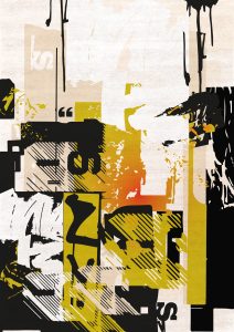 modern urban rug with black and white and a touch of orange, inspired by street art the graffinesque is one-of-a-kind.