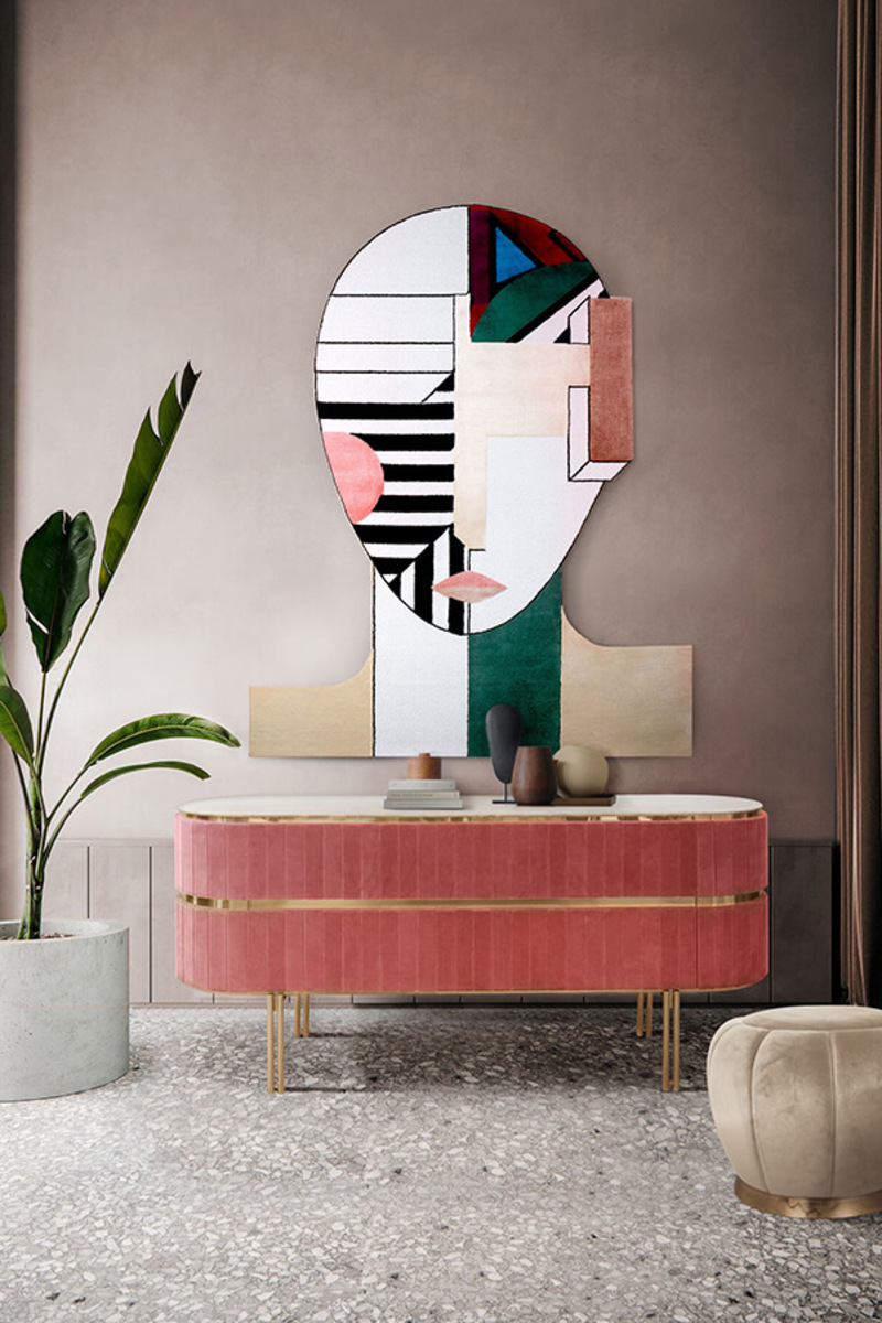 contemporary midcentury hallway with OSCAR RUG hanging on the wall to decorate it as if a painting, with a light brown mid-century console The Most Exquisite Artistic Rug Collection