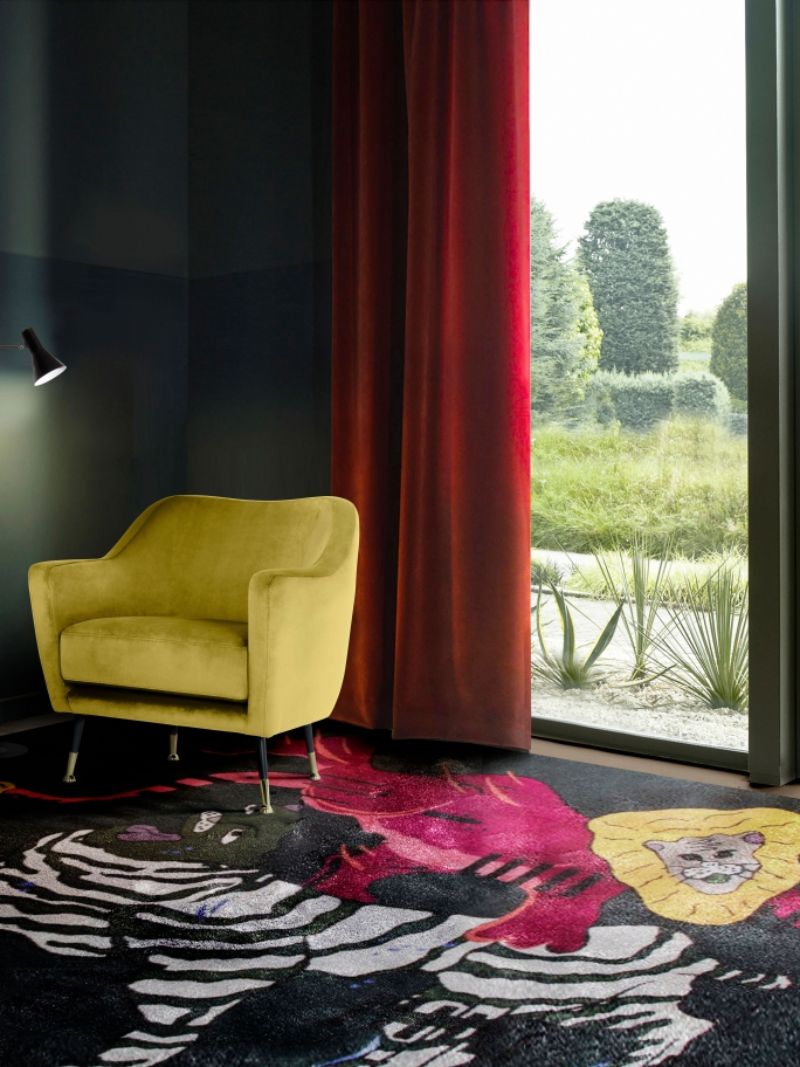 modern wool rug in black and white with a touch of yellow and red to decorate a reading corner. Why Modern Wool Rugs Are The Best For A Reading Corner Interior Design