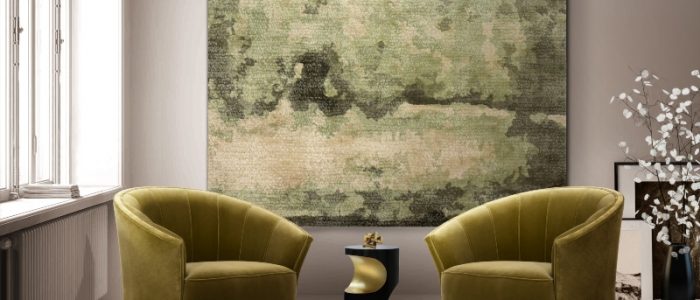 living room with green wall rug