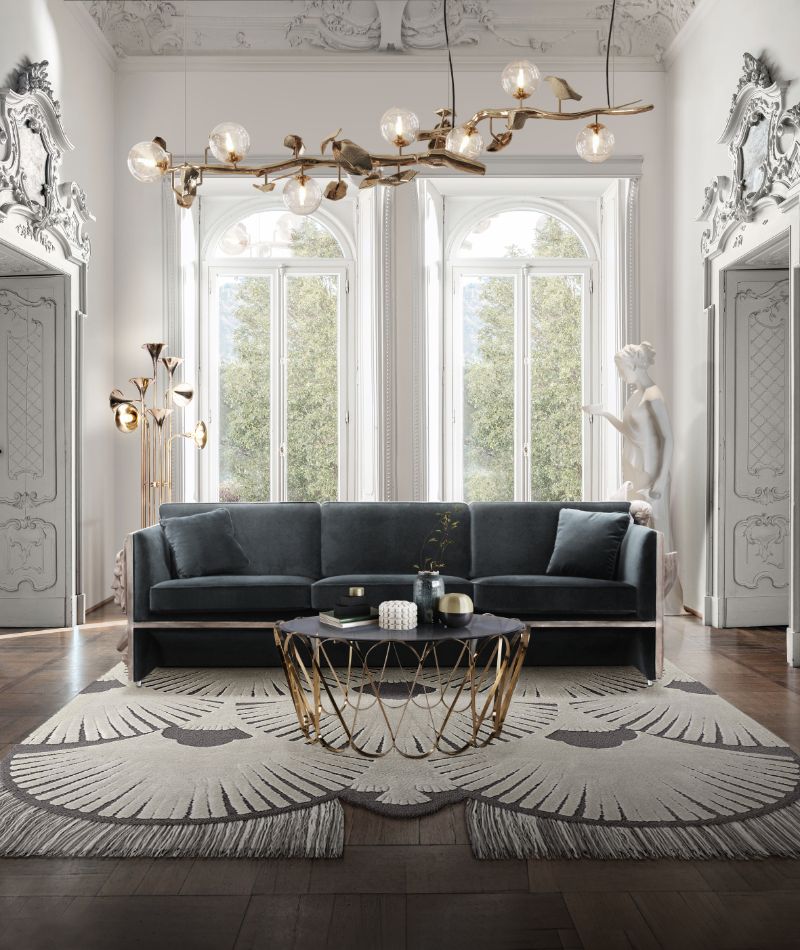 Top 20 Of The Best Wool Rugs To Warm Up Your Living Room, modern classic living room with dêco rug, black and gold center table, blue 3 seat sofa