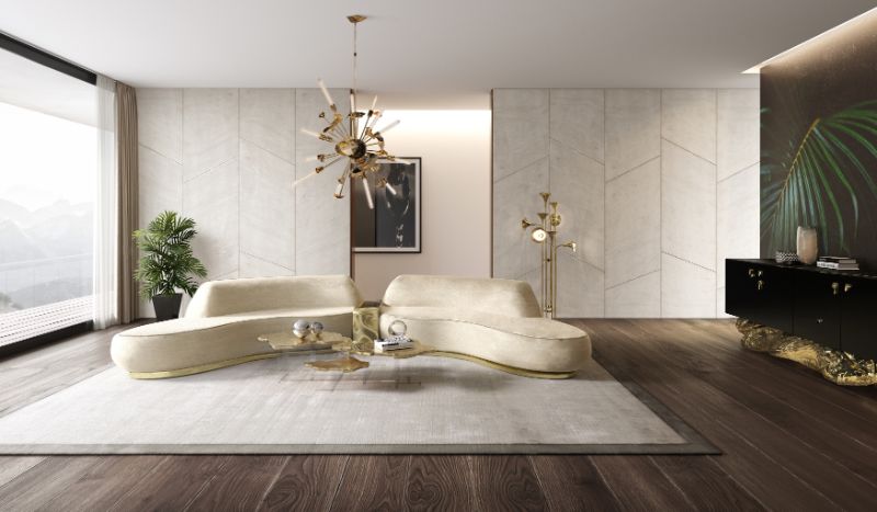 Top 20 Of The Best Wool Rugs To Warm Up Your Living Room, modern classic living room in tones of cream, white garden rug, area rug with white cream sofa, golden center table and supernova  hanging lights