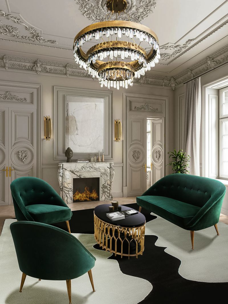 Modern classic living room with vase rug, black and gold center table, contemporary armchairs and sofa and Golden chandelier