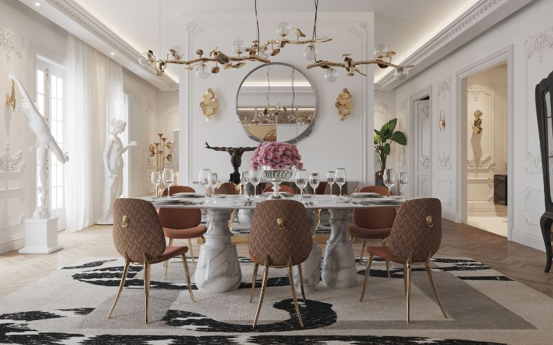 Dining Room Inspirations: Top 20 Hand-Tufted Rugs, Modern classic dining room with imperial snake rug, brown velvet dining chairs and marble dining table, round gold mirror, gold hanging lights