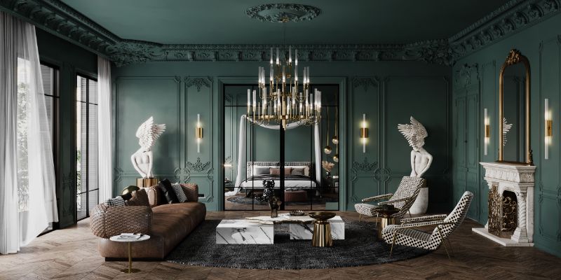 Unique Modern Rugs For Your Living Room, modern living room with round gray rug, brown sofa, balck and white armchairs, lapiaz center table, hanging lights