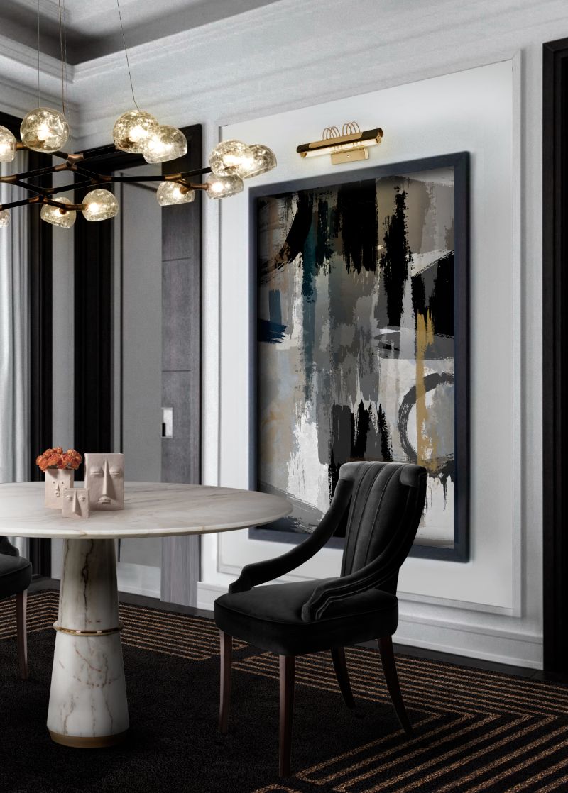 Colorful Dining Room Rug Ideas modern classic dining room with black area rug with golden details, black velvet dining chair and marbled round dining table.
