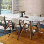 Modern and Contemporary Dining Room Rug Inspiration, dining room with prisma II rug in blue and orange with a white dining table