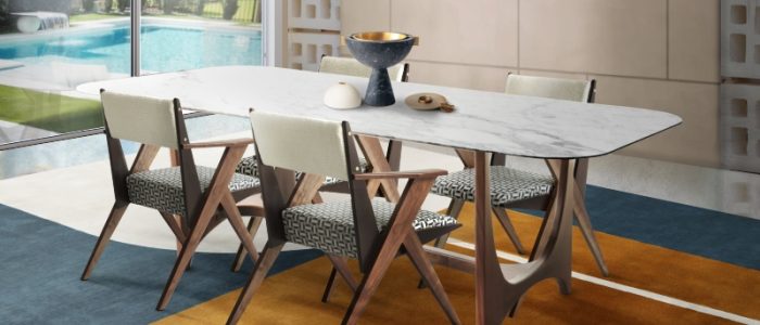 Modern and Contemporary Dining Room Rug Inspiration, dining room with prisma II rug in blue and orange with a white dining table