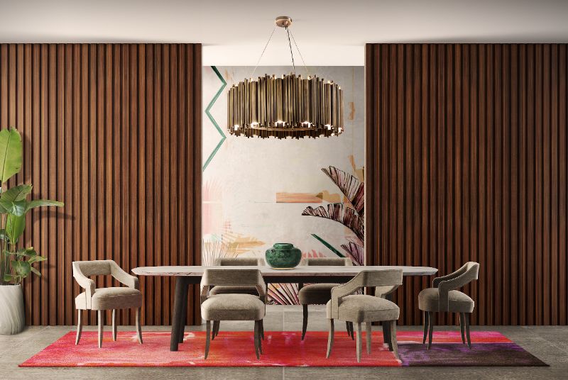 Contemporary dining room with Toulousse rug in warm tones,