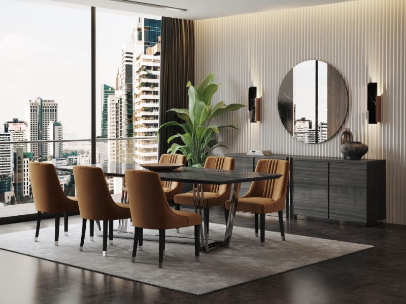 Modern minimalist dining room with gray rug and black dininf table with brown dining chairs