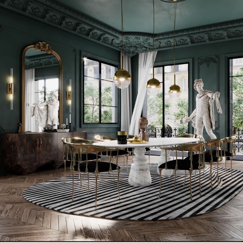luxurious dining room with oval black and white rug, N°11 Dining chairs and oval marbled dining table with golden round lights.