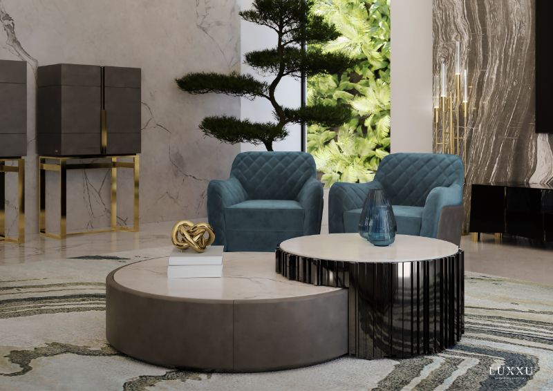 Top 20 Of The Best Wool Rugs To Warm Up Your Living Room, modern living room with agatha rug, center table, mid-century velvet cushion armchairs