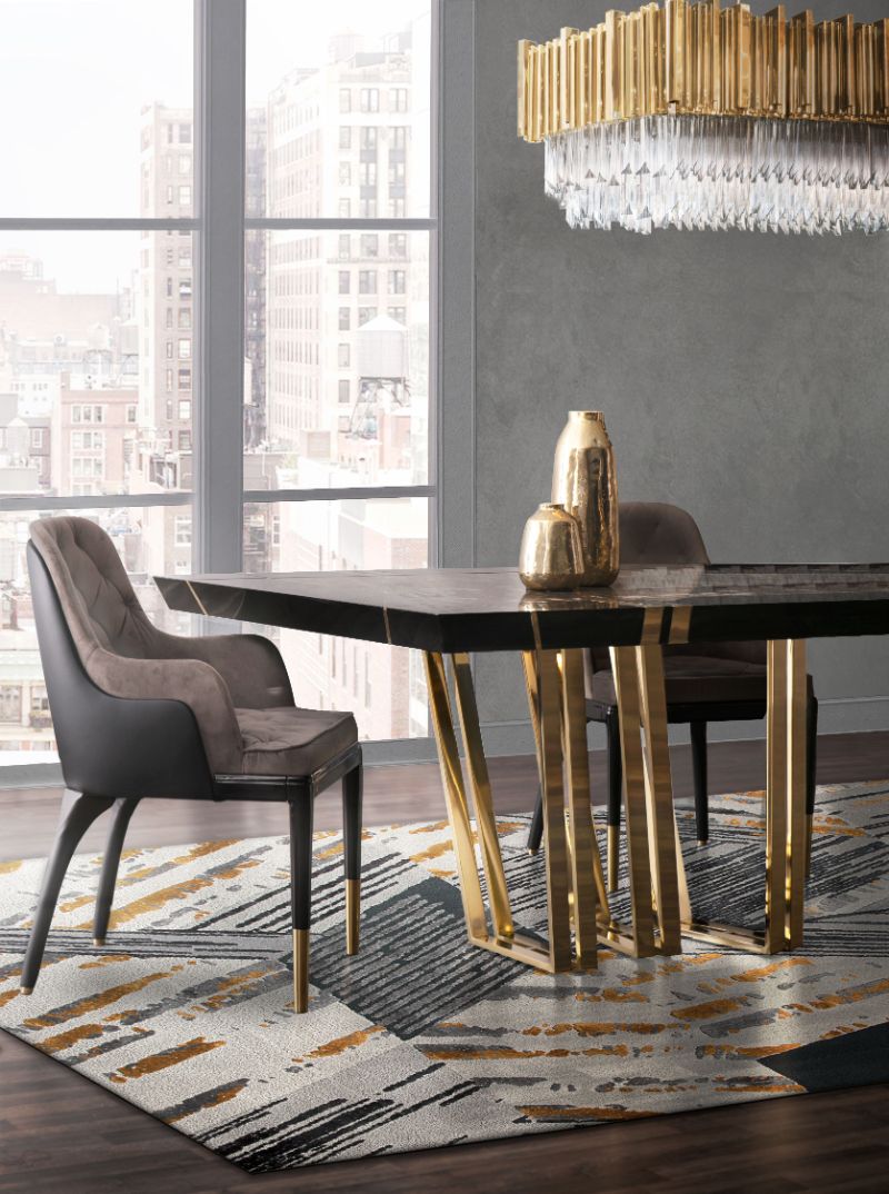 Modern and Contemporary Dining Room Rug Inspiration, luxury modern contemporary dining room with Xisto rug, modern luxury dining rug.