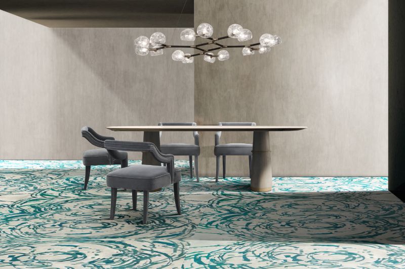 Dining Room Inspirations: Top 20 Hand-Tufted Rugs, Modern contemporary dining room, minimalistic dining room with blue area rug merfilus rug. Naj dining chairs