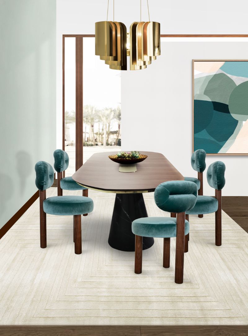 Dining Room Inspirations: Top 20 Hand-Tufted Rugs, Modern contemporary dining room with White garden rug and blue dining chairs