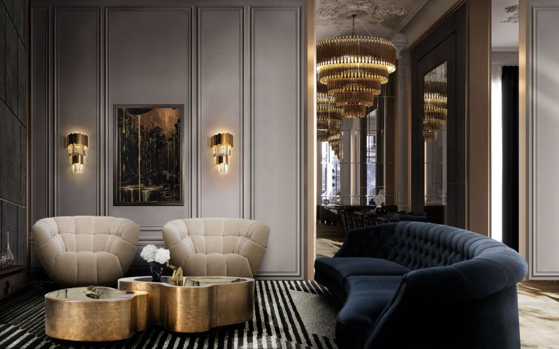 Top 20 Of The Best Wool Rugs To Warm Up Your Living Room, modern classic living room with air rug, essex armchairs, velvet blue sofa, and gold wave hammered center table
