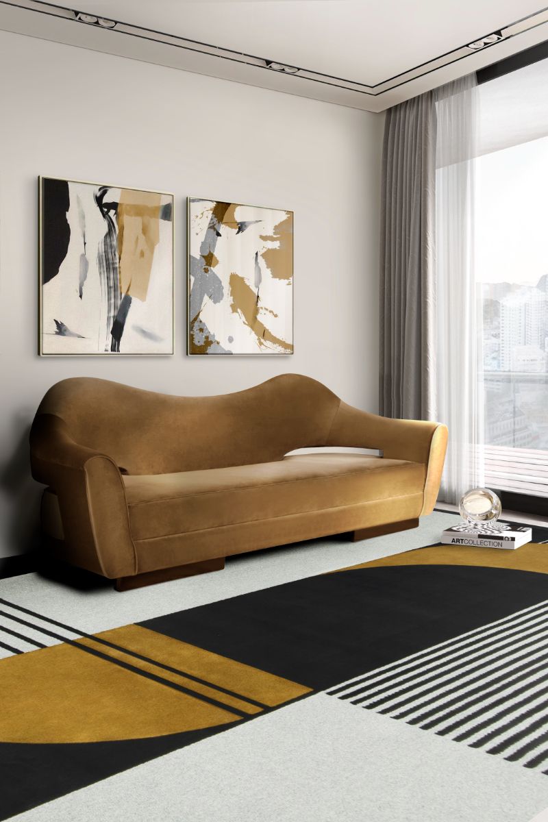 Top 20 Of The Best Wool Rugs To Warm Up Your Living Room, mid century living room with antelope rug in black and orange, brown sofa