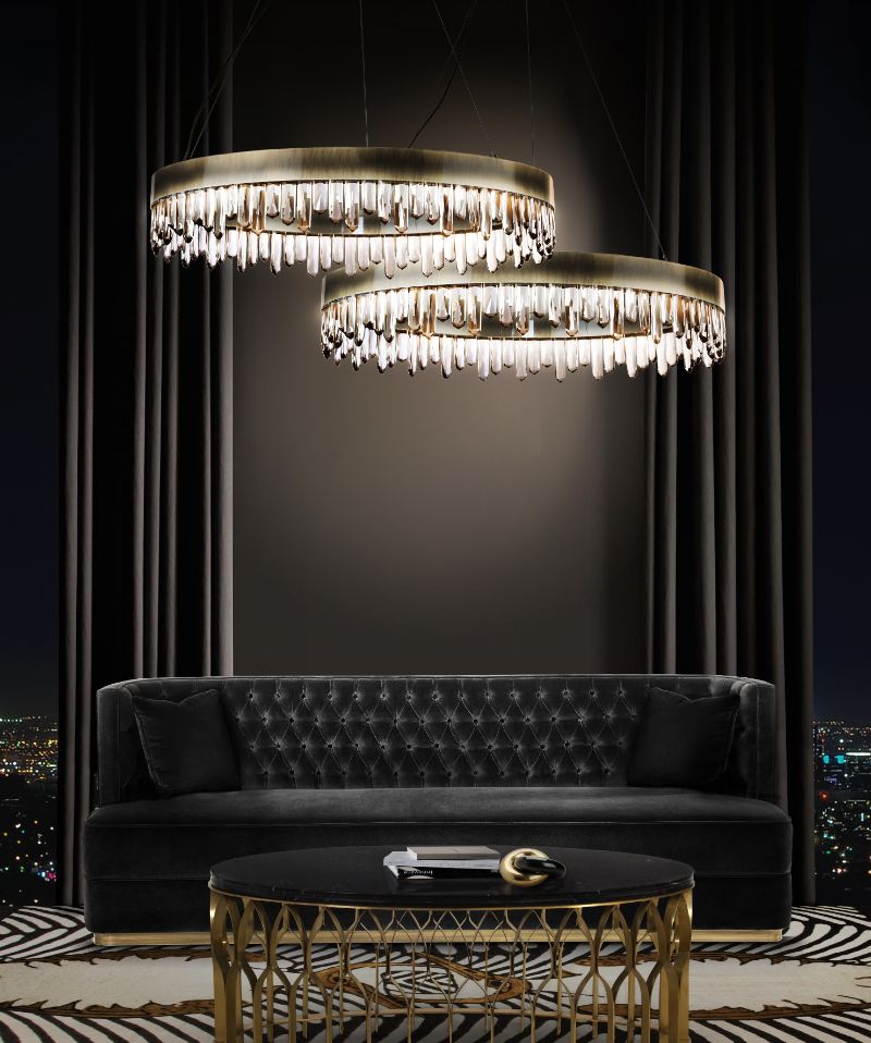 Top 20 Of The Best Wool Rugs To Warm Up Your Living Room, modern classic living room with couple rug, bourbon sofa and golden hanging lights, black and gold center table