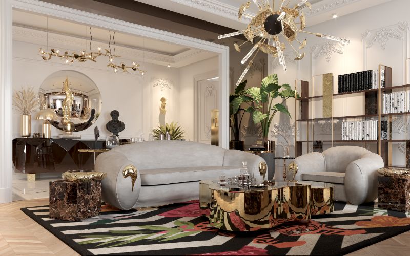 Top 20 Of The Best Wool Rugs To Warm Up Your Living Room modern classic living room with feline rug, golden ceter table, supernova chandelier, gray couch, round mirror