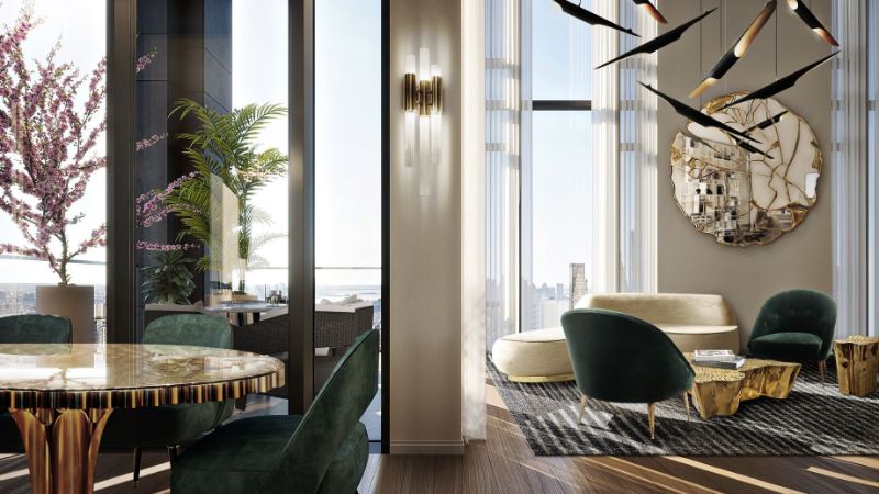 Top 20 Of The Best Wool Rugs To Warm Up Your Living Room, modern living room with area rug, golden center table, white sofa, gray armchairs, gold dining table