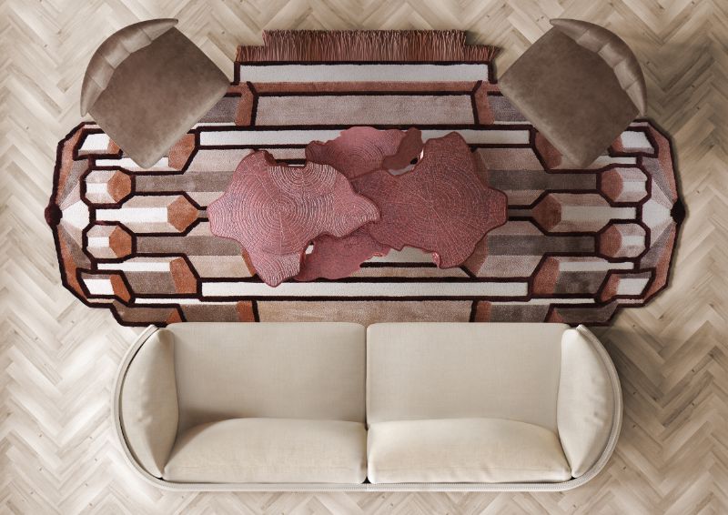 Top 20 Of The Best Wool Rugs To Warm Up Your Living Room, modern contemporary living room with pastel pink lucy rug and white sofa, velvet chairs and wooden center table