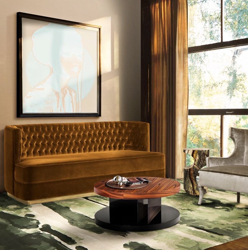 Top 20 Of The Best Wool Rugs To Warm Up Your Living Room modern mid century living room with moos rug, orange burbon sofa, and black and wooden center table, gray armchair