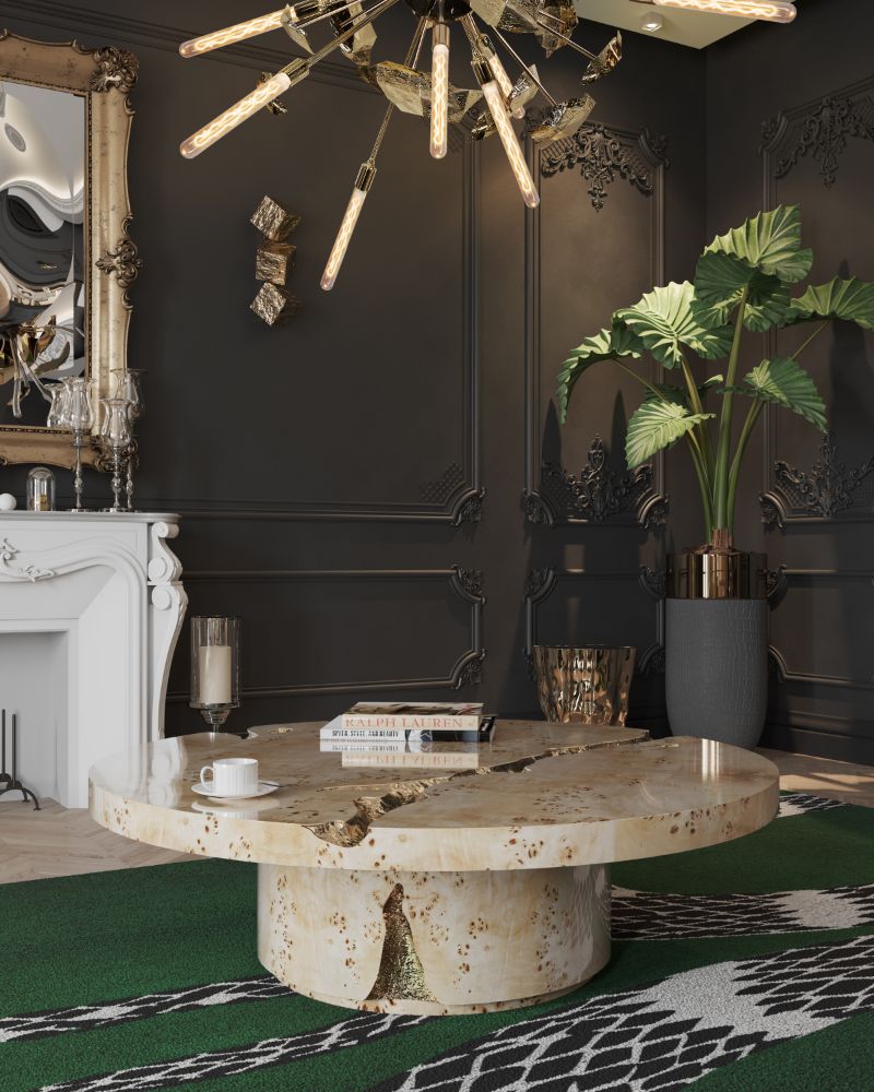 Top 20 Of The Best Wool Rugs To Warm Up Your Living Room, modern contemporary living room with imperial snake rug, round lapiaz center table in marble, supernova chandelier