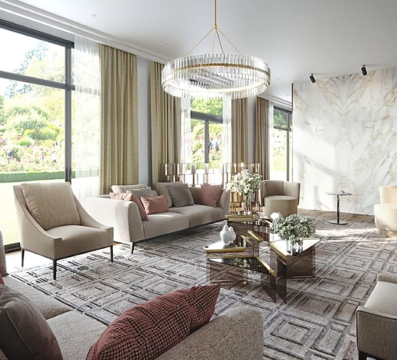 Unique Modern Rugs For Your Living Room, modern living room with gray rug, beige armchairs, center table, golden round chendelier