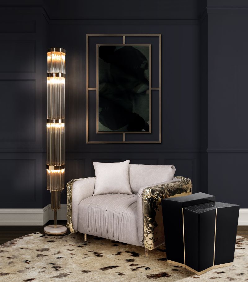 Unique Modern Rugs For Your Living Room, modern living room with Oslo rug, imperfectio amrchair, black center table, gold standing light