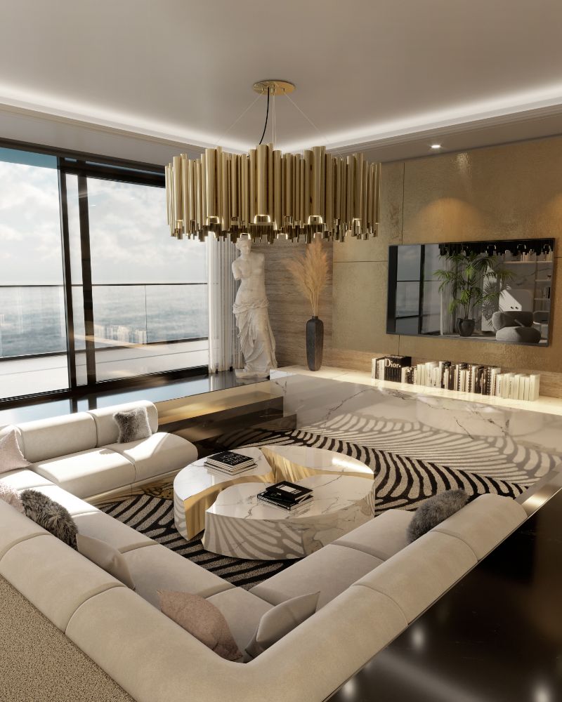 Unique Modern Rugs For Your Living Room, luxurious minimalistic living room with couple rug, white sofas, white and gold lapiaz center table, golden hanging light