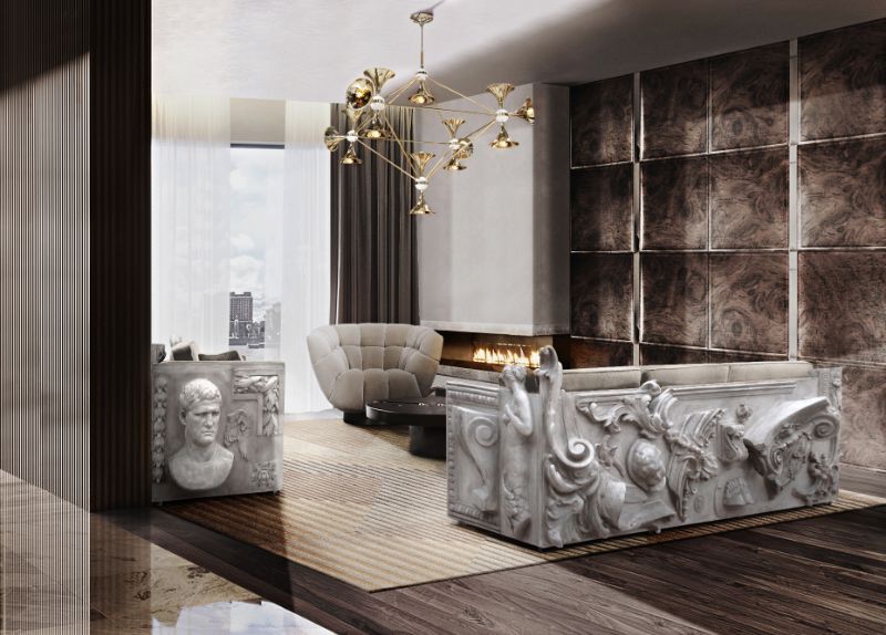 Unique Modern Rugs For Your Living Room, modern classic living room with neutral version of Air Rug. Essex armchair, gold hanging lights