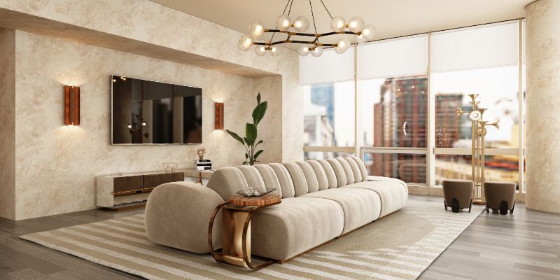 Unique Modern Rugs For Your Living Room, modern living room with ocli rug, all neutral living room with beige sofa, gold hanging lights