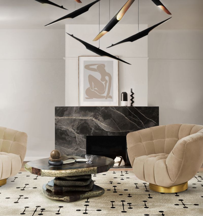 Unique Modern Rugs For Your Living Room, modern contemporary living room with umlaza rug and essex armchair, black center table