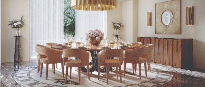 modern dining room with golden bugs rug