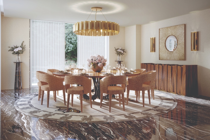 modern dining room with golden bugs rug