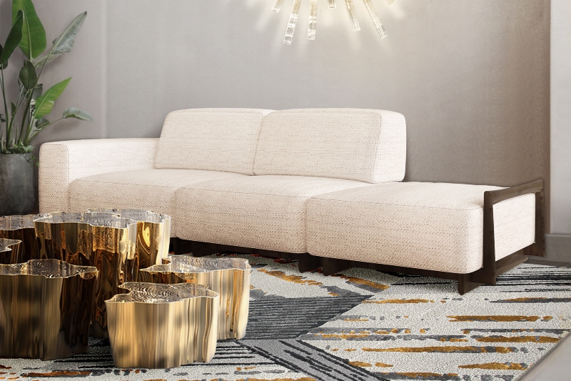 Modern living room with elegant xisto rug, white sofa and center table in a gold color