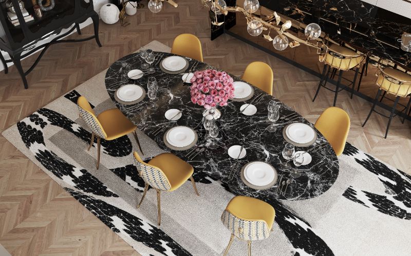 classic dining room with Imperial snake rug, marbled dining table and dining chairs