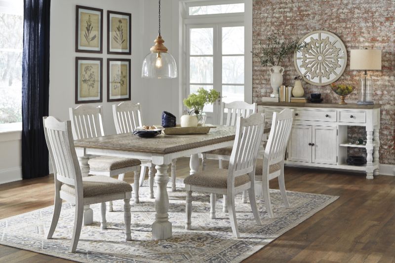 rustic dining room with absract rug