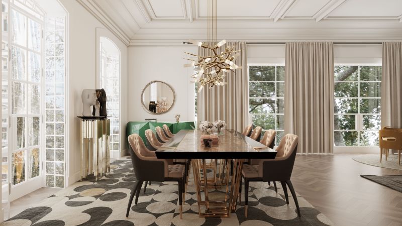 Modern elegant dining room with fabulous Yarsa Rug, hanging lights and dining chairs and table