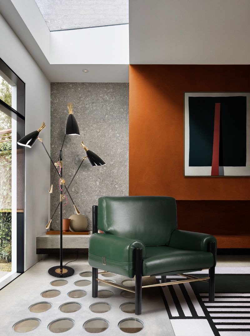 contemporary living room with prisma I rug and contemporary armchair and standing lamp