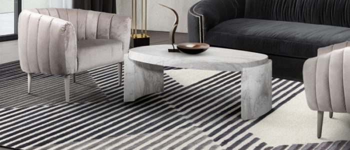 living room with modern air rug, contemporary armchairs and center table