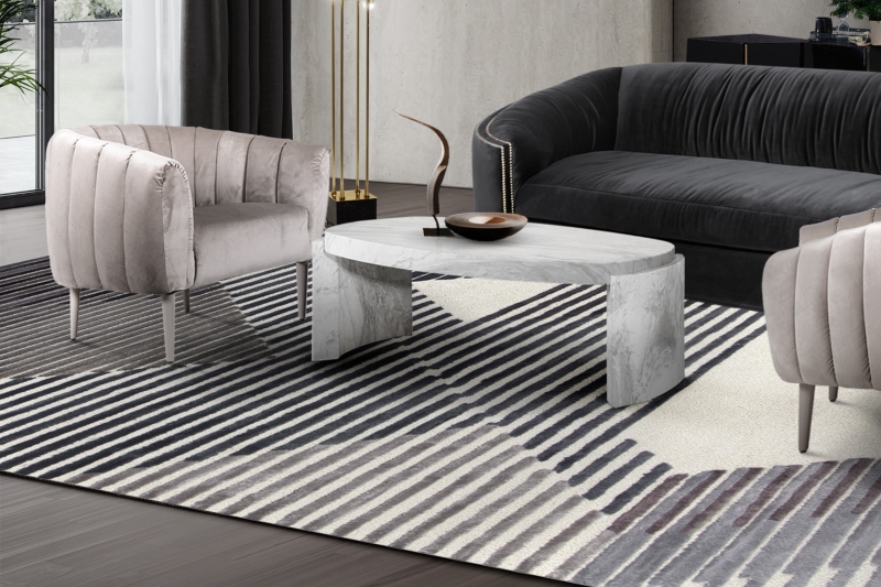 living room with modern air rug, contemporary armchairs and center table