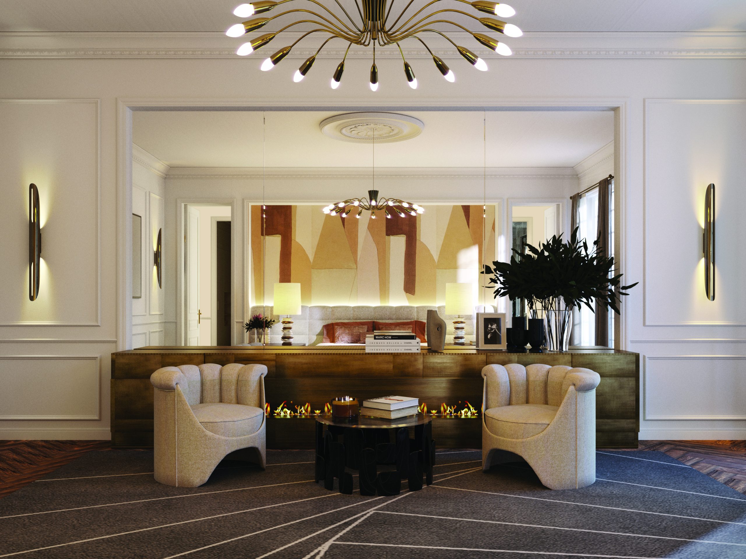 Modern contemporary living room with area rug in black and white with contemporary armchairs and round hanging lights