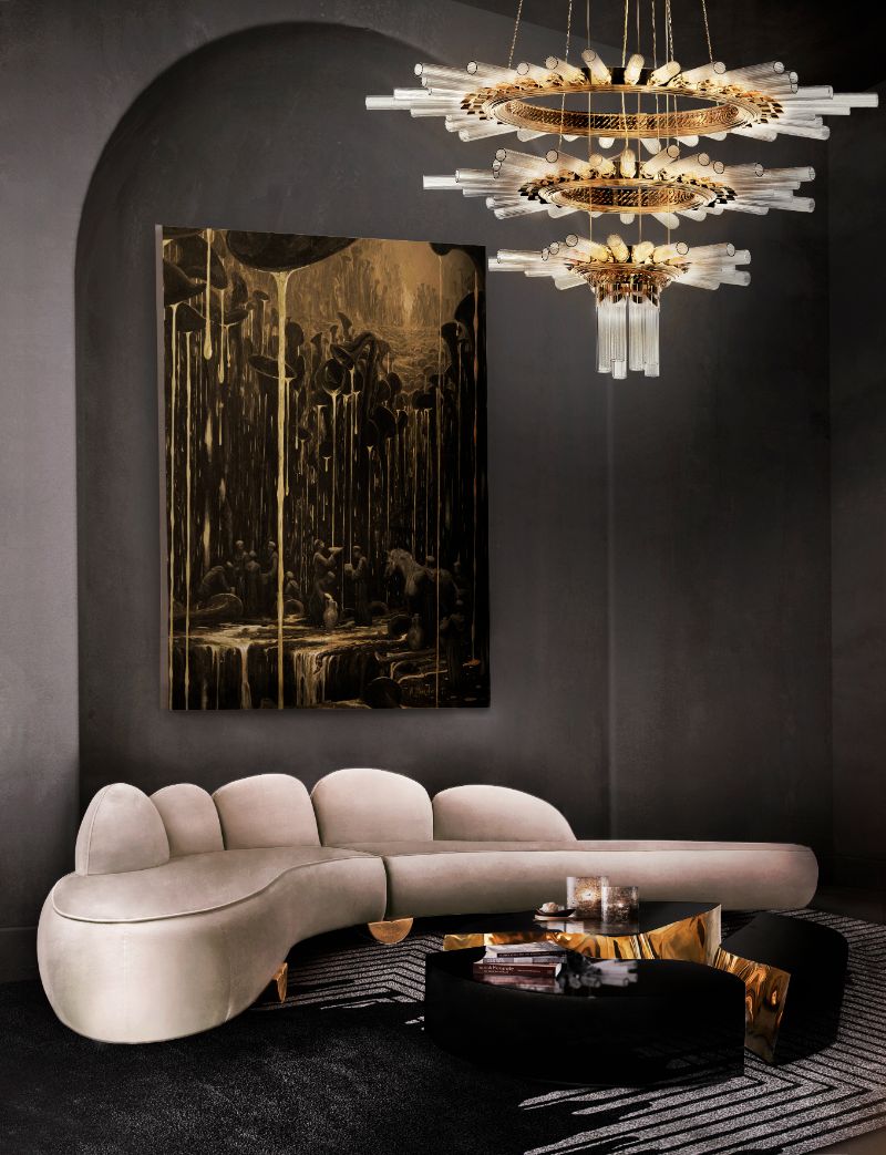 dark elegant modern living room with dark version of valencia rug with gold chandelier and fitzroy sofa