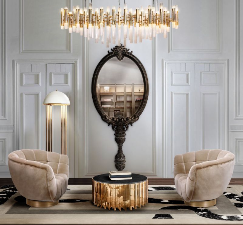 Modern classic living room with Imperial Snake Rug and center golden table with Essex armchairs