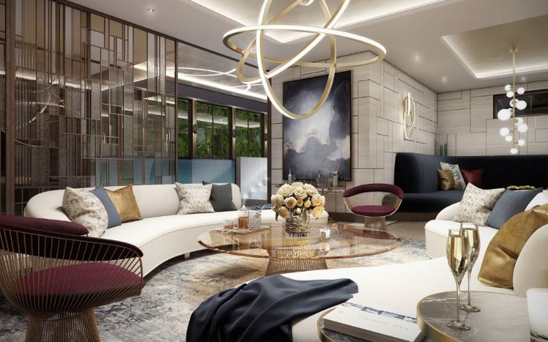 Modern Living Room Adorned With Black and Gold Area Rugs