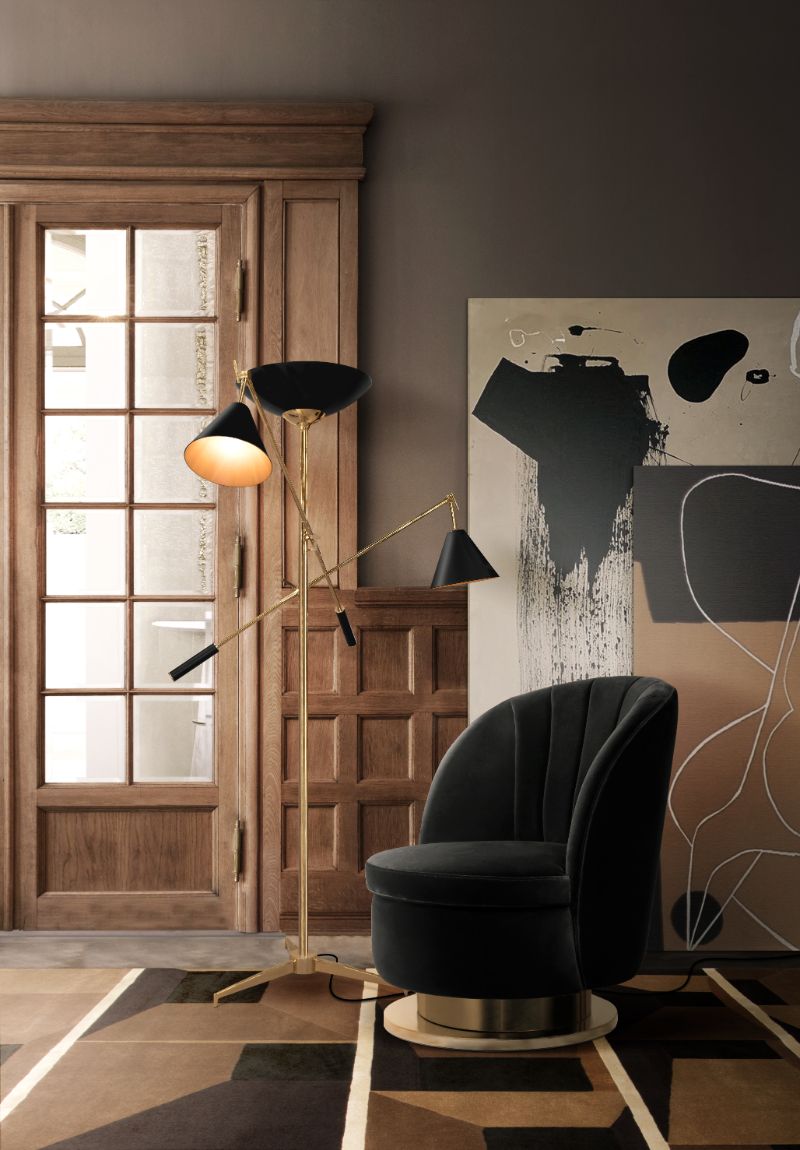 Sober living room with West Rug, black armchairs and standing lamp