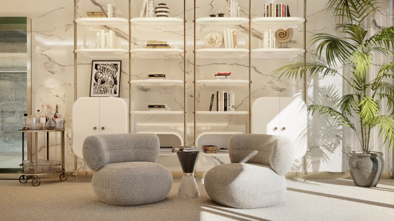 living room with white floor carpet with armchairs and side table.