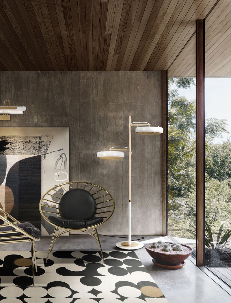 Modern living room corner with the fabulous Yarsa rug with sitting chair in black and gold and standing light